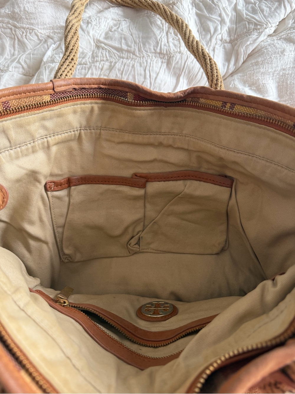 Tory Burch Striped Canvas Tote in Brown, Tan & Rust - Picture 3 of 4